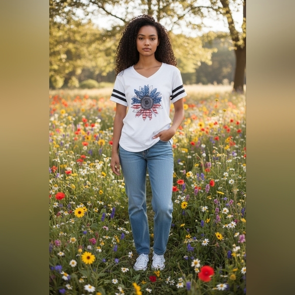 no brand Tops - Cute Womens Small White Graphic Tee with Black Stripes and Relaxed Fit NWOT